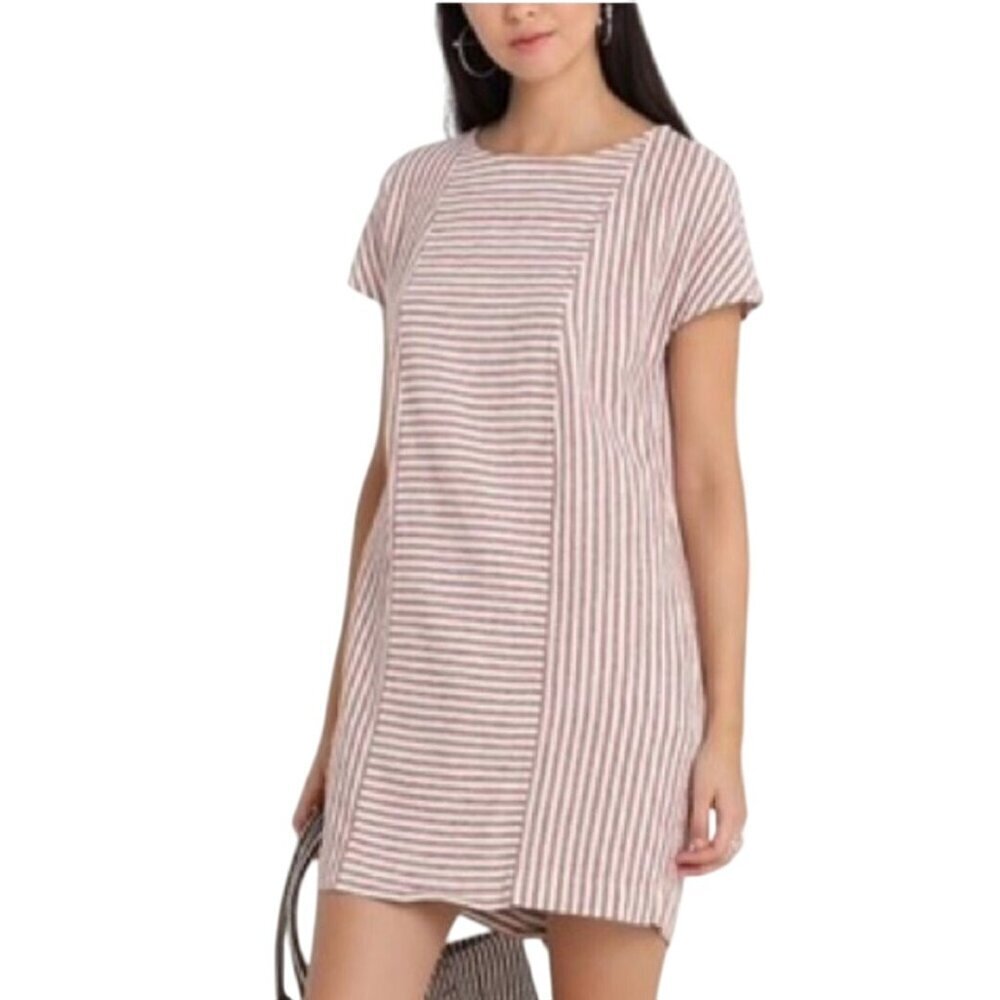Madewell Striped Play Button Back Dress Linen Blend Pockets Size XS